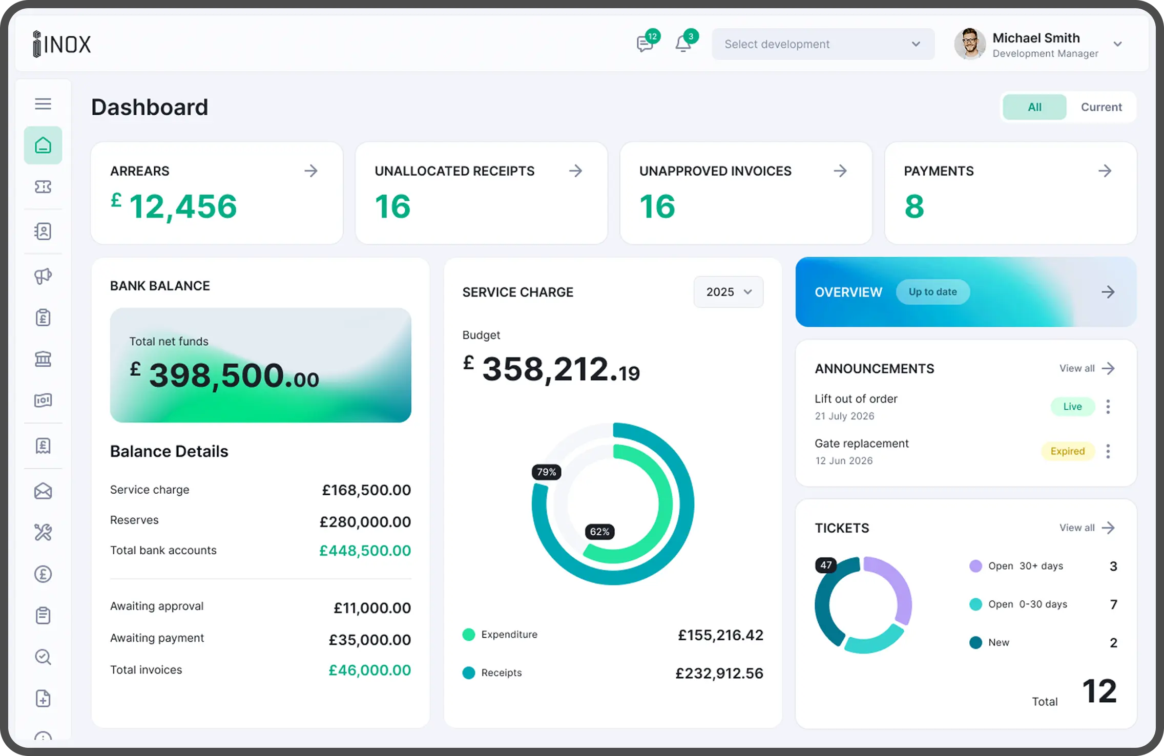 INOX Dashboard showing financial overview with arrears, receipts, invoices, payments, bank balance, service charges, and tickets management